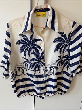 Upcycled Navy & White Palm-Print Button Front Top♻️